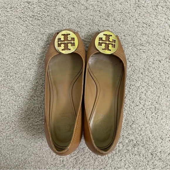 Tory Burch Peep Toe Brown / Tan Leather Wedges SIZE 8.5 - Picture 6 of 9